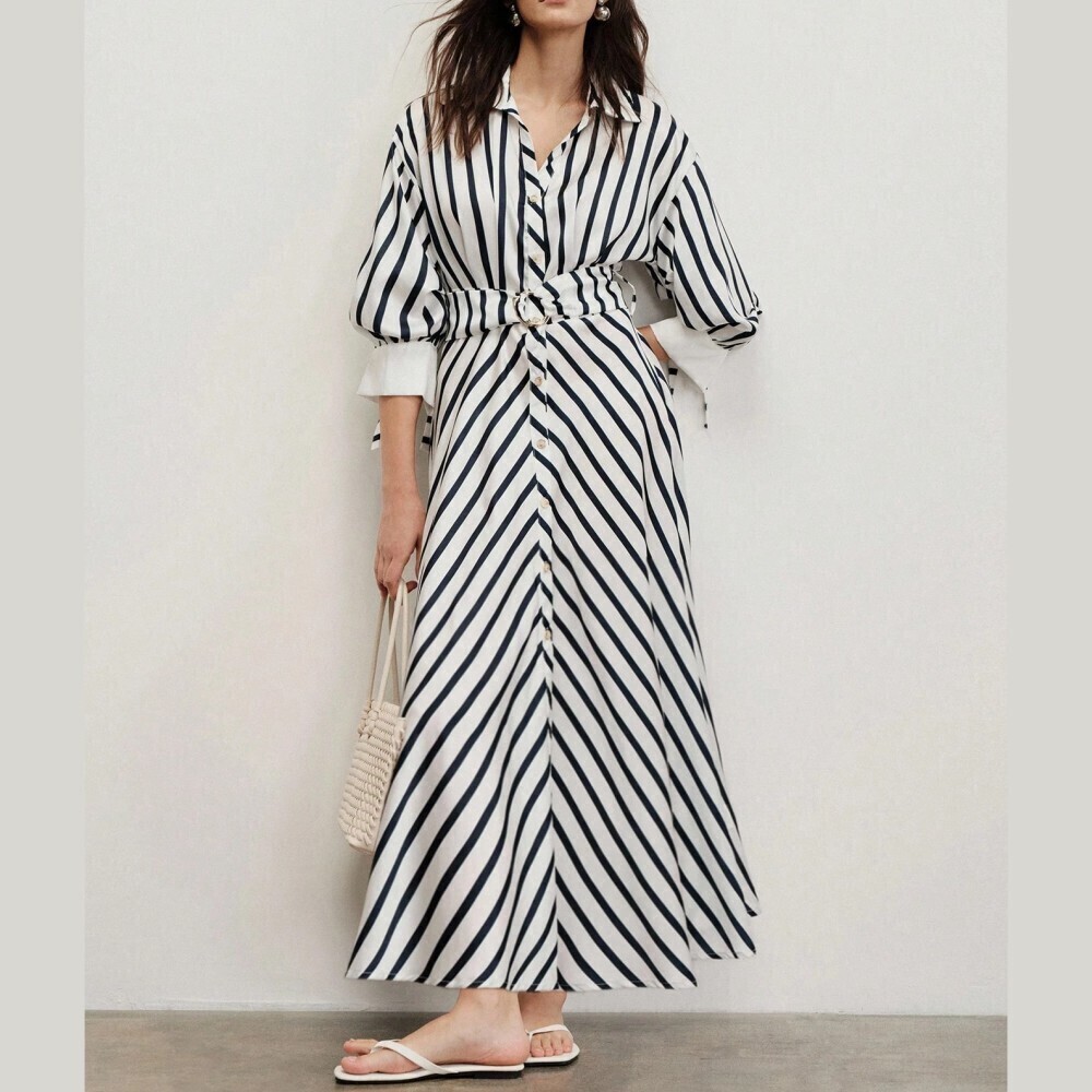 Navy Striped Collared Belted Button Front Maxi Shirt Dress - Picture 4 of 7